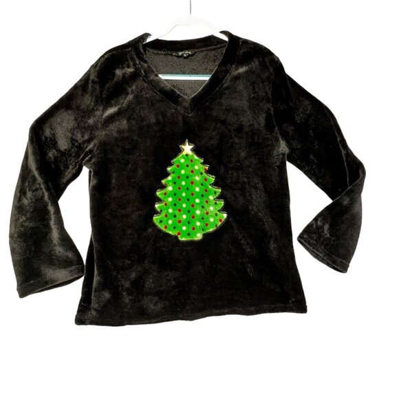 Just Love Tops - Vtg Just Love Christmas Tree XL Long Sleeve Velour Sweater Black Fleece Green
